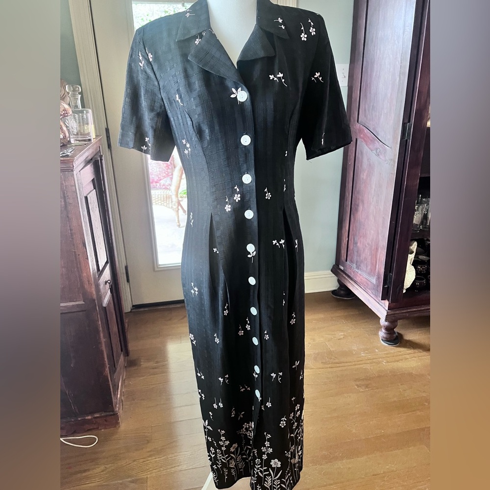Vintage 90s Black Button Front Maxi Dress | Linen Look Floral Border Small